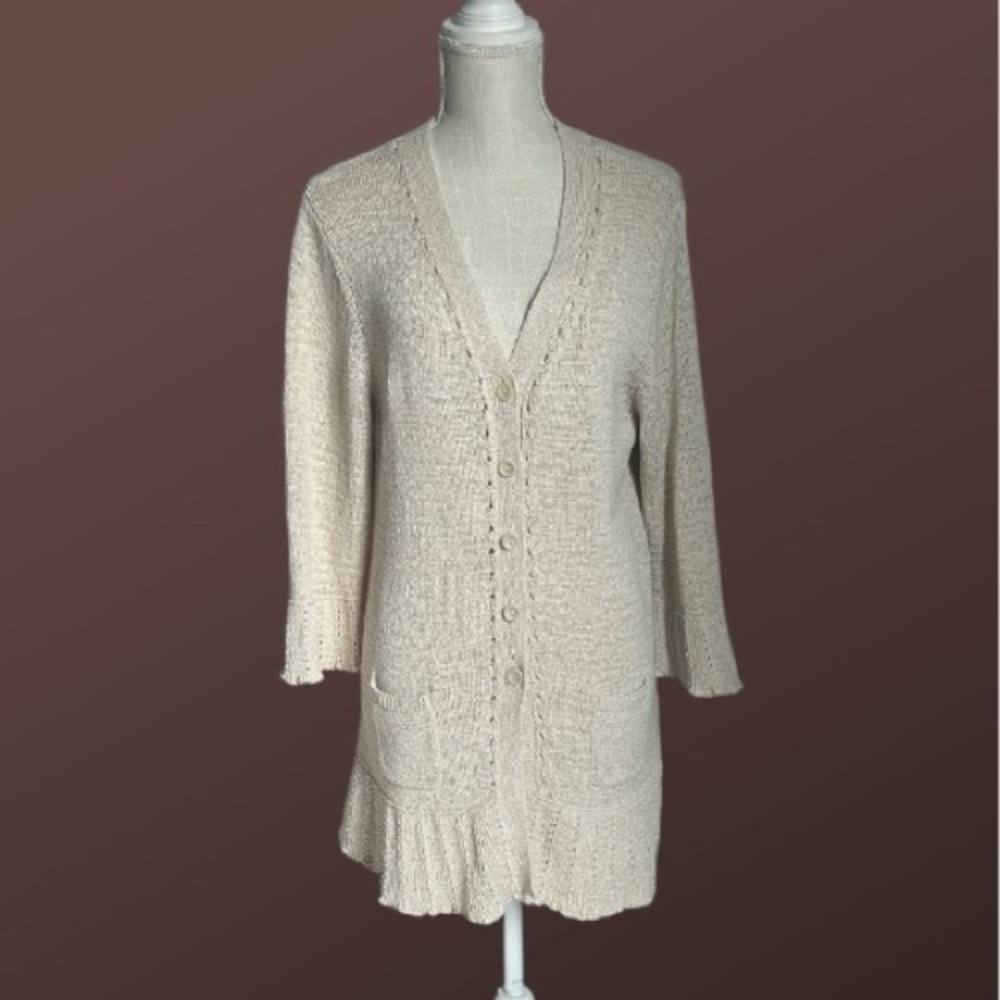 Croft & Barrow button-down knit cardigan light tan V neckline bell sleeves  L